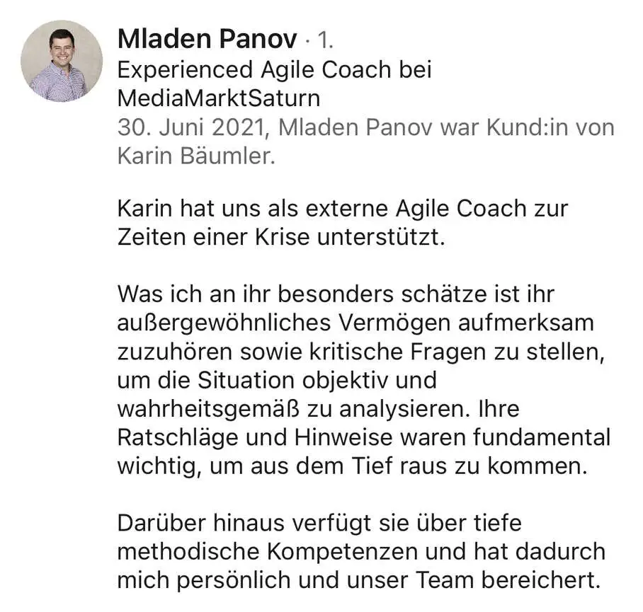 Referenz eines Kunden vom 30.6.21